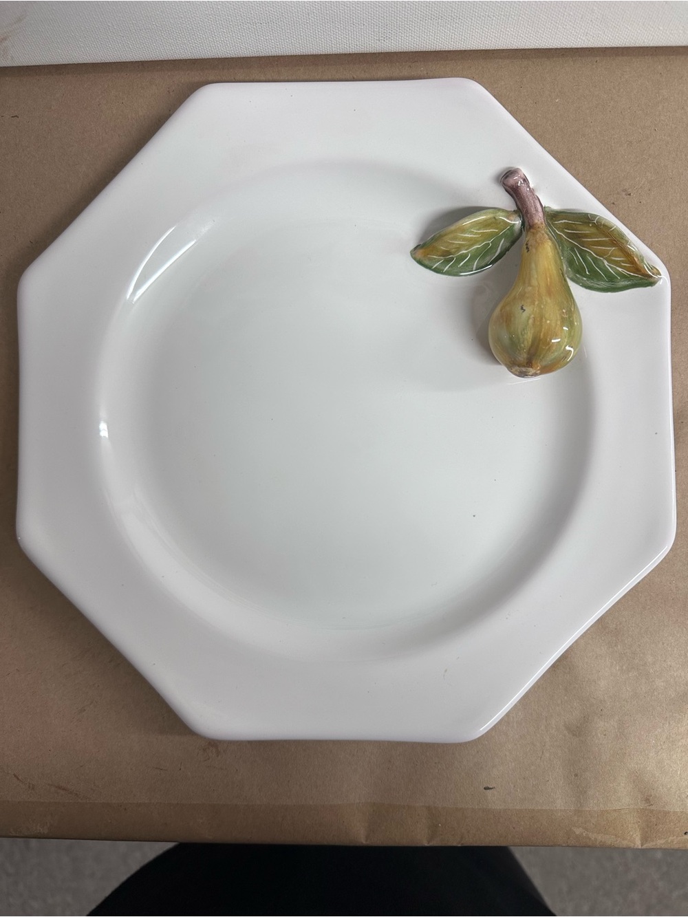 Pierre Deux Octagonal White Ceramic Dinner Plate with Yellow Pear Detail France